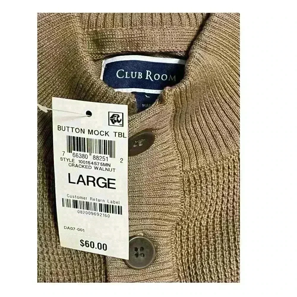 Club Room Mock Neck 3-Button 100% Cotton Pullover Mens Sweater Size L Walnut